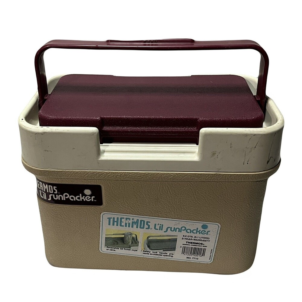 Vintage Thermos L'il SunPacker 6.5 Qt Burgundy Beach Pool Cooler Lock Lid USA